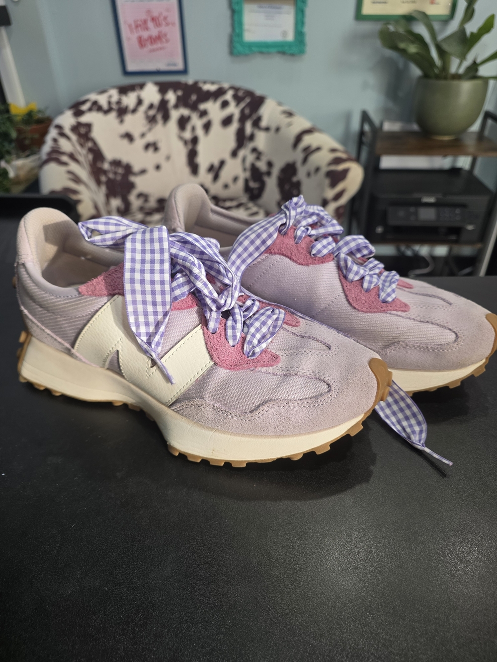 New Balance 327 Lavender and Pink Retro Runner Sneakers with Gingham Laces